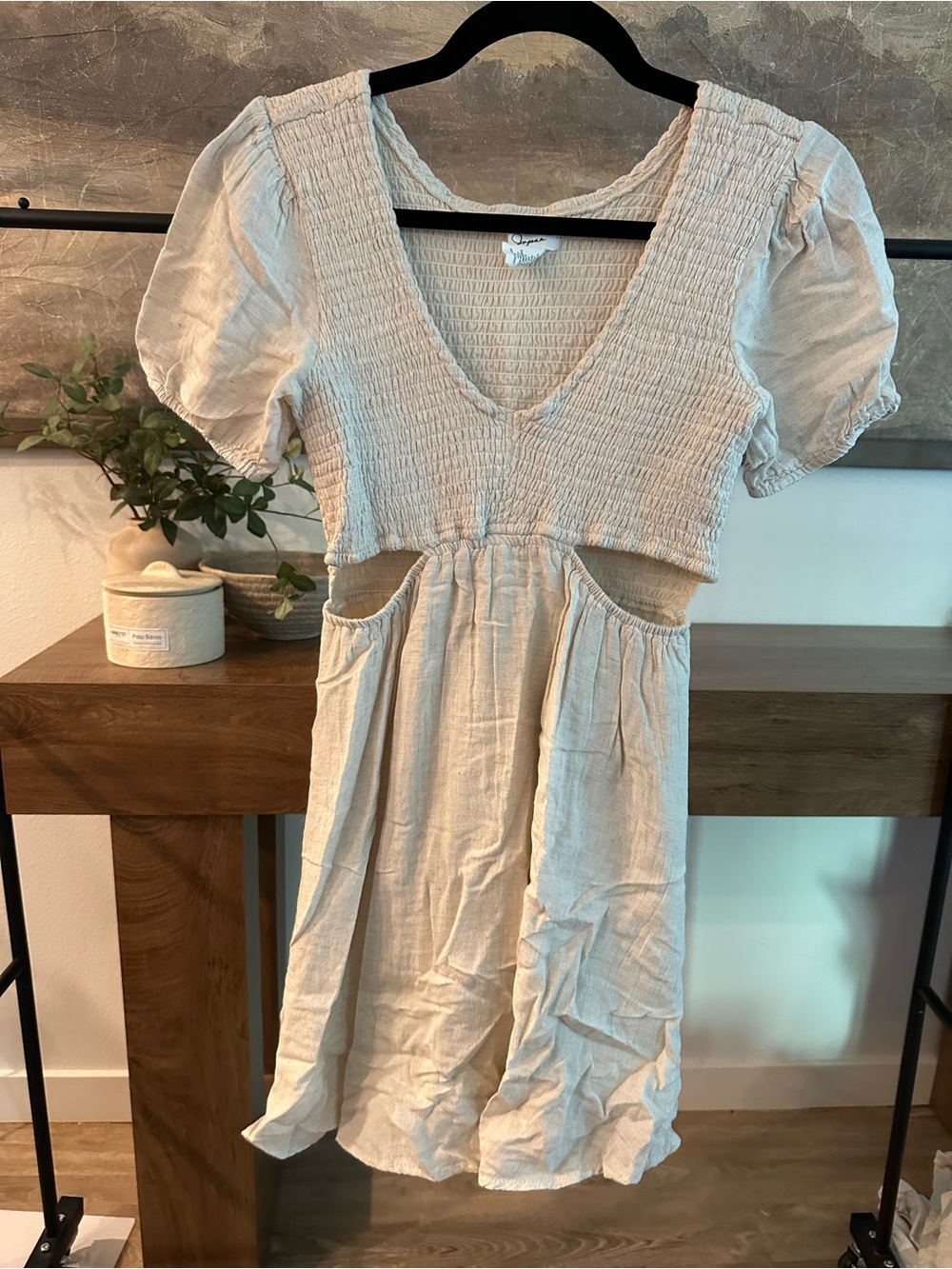 Japna sold at Anthropologie Light Beige Smocked Mini Dress with Cutouts